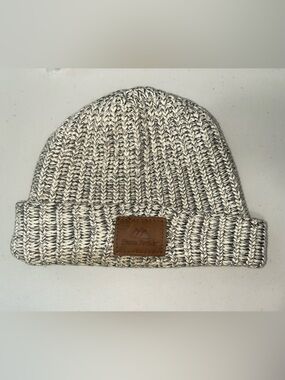 Marled Gray & Cream Knit Beanie with Leather Patch